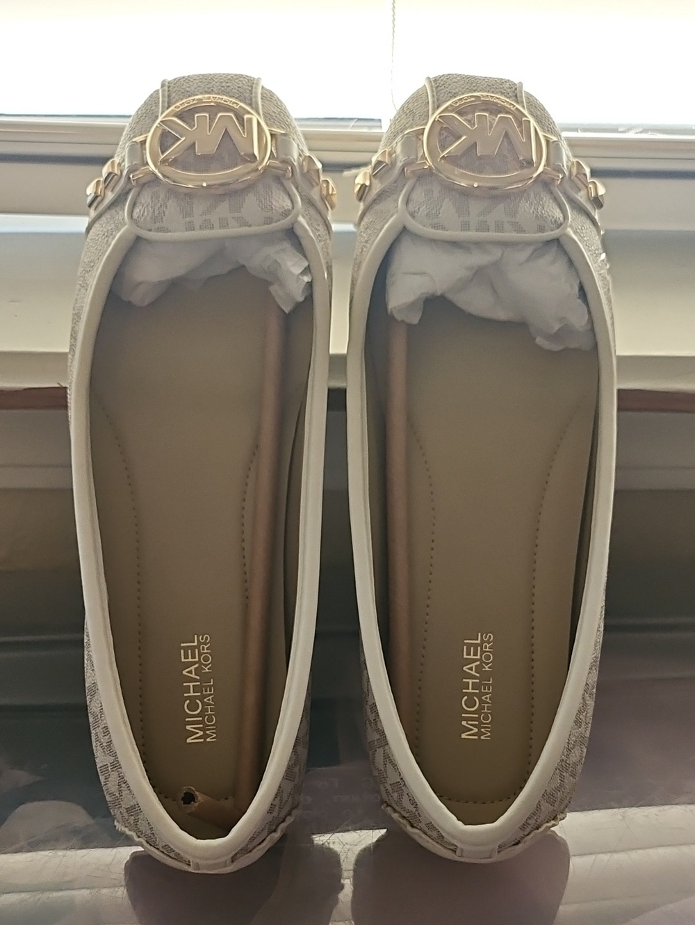 MICHAEL Michael Kors Beige Logo Ballet Flats with Gold MK Accent